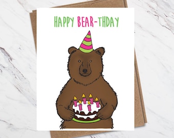Bear Birthday Card, Happy Bear-thday, Animal Birthday card