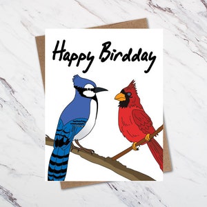 Happy Birdday, carte d'anniversaire d'oiseau, carte de geai bleu, carte cardinale, carte drôle d'oiseau