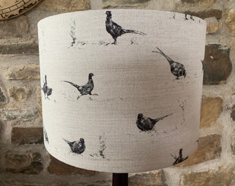 Pheasants!  Neutral linen countryside lampshade featuring charcoal pheasants
