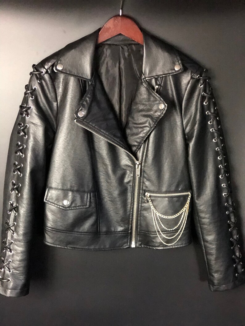 Vegan Leather Jacket With Lace Up Sleeves And Chain Detail Fashion Punk Diy