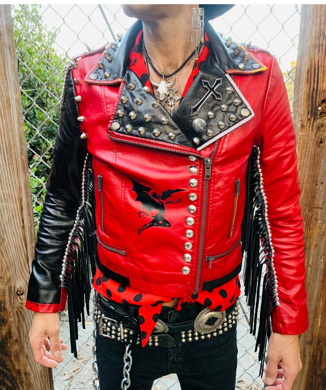 Black Sabbath Custom Studded Vegan Red Leather Fringe Jacket | Etsy