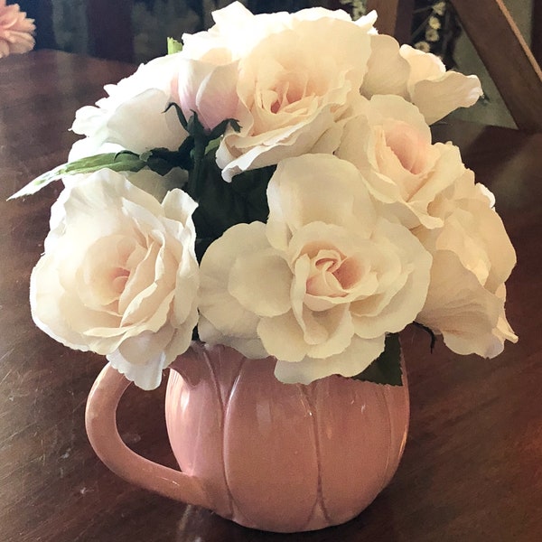 Pale Soft Pink Silk Roses in Pink Pitcher
