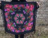 Fringed Black shawl Scarves for women floral rose piano wrap floral head scarf small square fringe vintage boho folk Womens Fringed