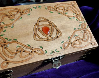 Wooden jewelry box, Engraved jewelry box, Celtic jewelry box, Runes, Gemstone inlaid jewelry box, Hand burned, Pyrography