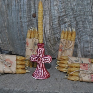 50 pcs 30+ minutes beeswax candles and candleholder set, Pure beeswax, Hand rolled, Cross, Red brown