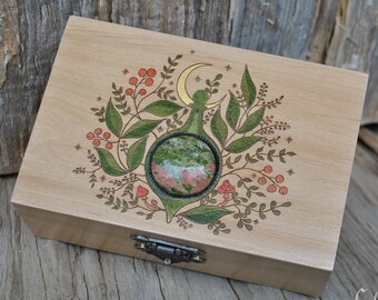 Wooden keepsake box, Tarot box, Potion, Witch box, Floral, Cabochon