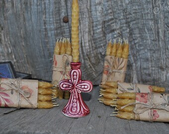 50 pcs 30+ minutes beeswax candles and candleholder set, Pure beeswax, Hand rolled, Cross, Red brown