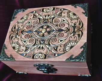 5th anniversary gift OOAK Wooden keepsake box Gem Wood burned box Pyrography Floral ornament Tarot deck box Wooden jewelry box