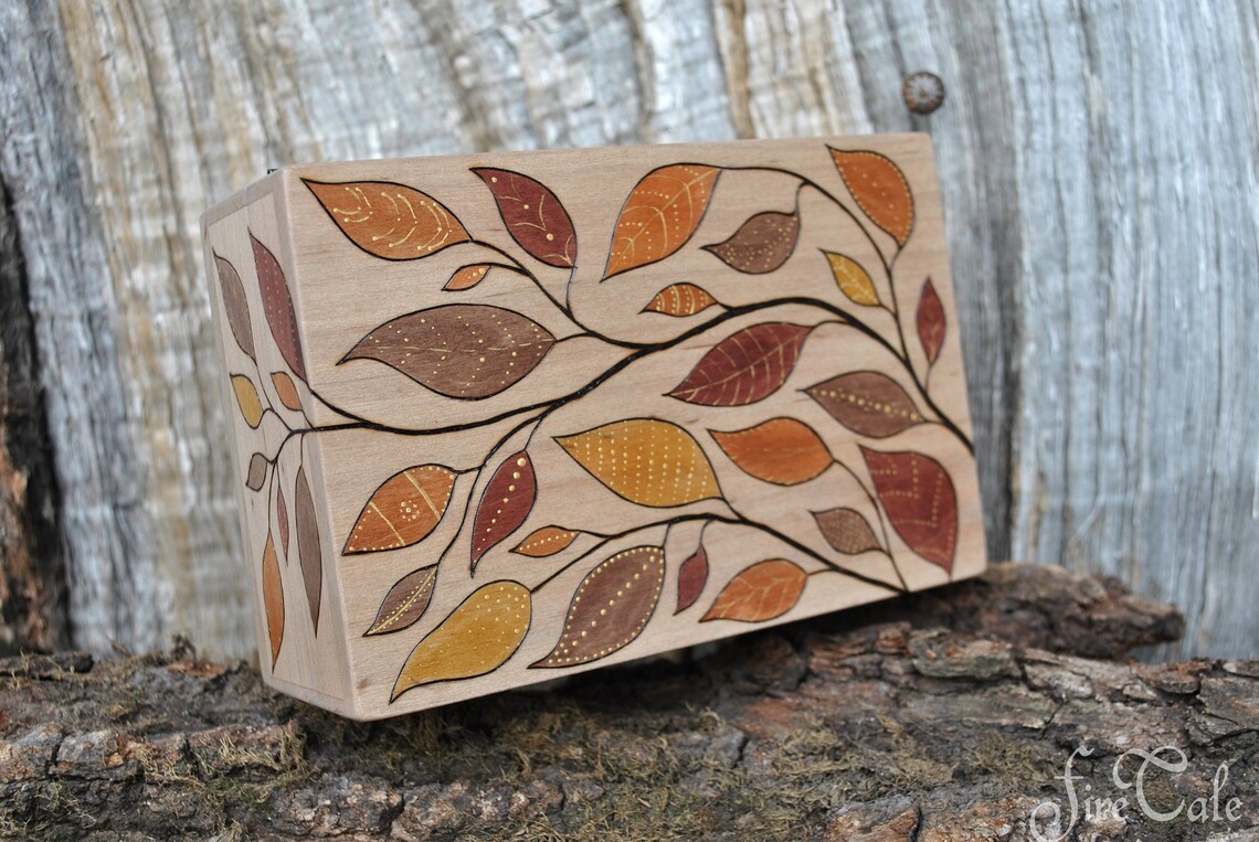 OOAK Wooden Keepsake Box, Wood Burned, Pyrography, Autumn, Fall, Leaves ...
