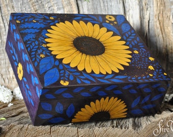 OOAK Wooden keepsake box, Sunflower, Ukrainian flag, Sunflower, Pyrography