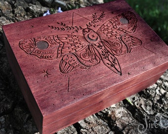 Tarot box, Wooden jewelry box, Moth wooden box, Celestial wooden box, Engraved hand-painted box, Moon, Stars,