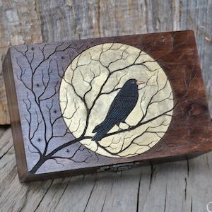 Caja de tarot, Caja de madera para recuerdos, Caja de luna, Cuervo, Cuervo