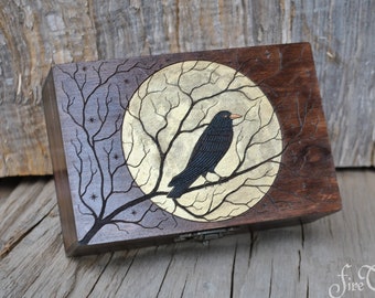 Tarot box, Wooden keepsake box, Moon box, Raven, Crow