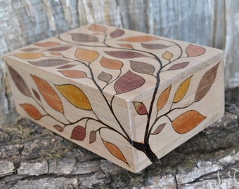 OOAK Wooden keepsake box, Wood burned, Pyrography, Autumn, Fall, Leaves, Floral, Hand made
