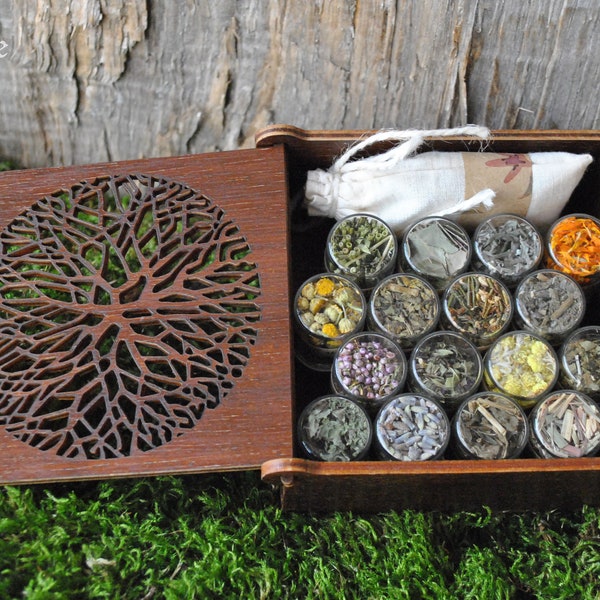 16 herbs set in wooden box, Aromatherapy, Herbs in vials, Starter kit, Herbs gift set, Herbs starter kit, Herbs in jars