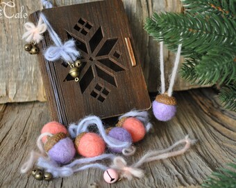 Colorful felted acorns in a box, Christmas ornaments, Gift set