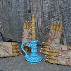 50 pcs 30+ minutes beeswax candles and candleholder set, Pure beeswax, Hand rolled, Light blue