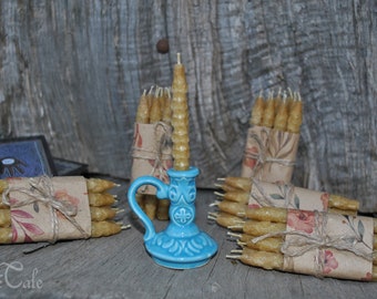 50 pcs 30+ minutes beeswax candles and candleholder set, Pure beeswax, Hand rolled, Light blue