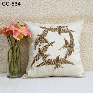 Hand‑Embroidered Ivory Cushion Cover 16×16″ | Antique Gold Zari & Beaded Pillowcase | Luxury Viscose Dupioni Throw Pillow for Home Décor