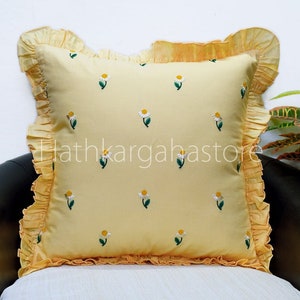 Fawn Embroidered Frill Throw Pillow Sham, Spring Cushion Cover, Handmade Embroidery Pillowcase, House Warming Bridal Home Decor Living Room