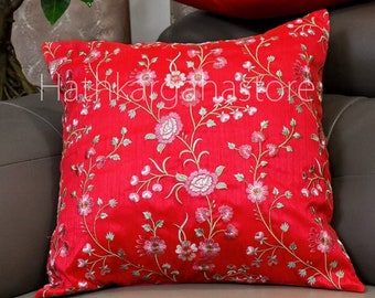 Red Embroidered Floral Cushion Cover: Handmade Throw Pillow, Home Decor