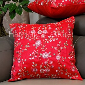Red Embroidered Cushion Cover Handmade Embroidery Throw Pillow Decorative Home Decor Pillow Cover House Warming Bridal Shower Wedding Gift