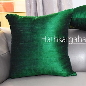 Bottle Green Dupioni Silk Square Pillowcase | Cushion Cover Handmade | Pure Silk Throw Pillow | DIY Home decor | Gift Wedding House Warming