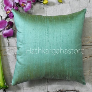 Iridescent Mint Green Pure Silk Cushion Cover Handmade Square Pillowcase, Dupioni Throw Pillow, Luxury Home decor House Warming Shower Gifts