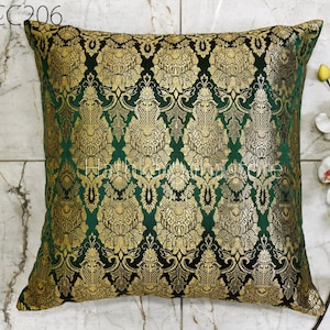 Bottle Green Brocade Silk Cushion Cover Square | Decorative Pillowcase | Handmade Lumbar | India Throw Pillow | Housewarming Home Decor Gift