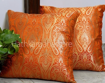 Orange Brocade Silk Pillow Cover Handmade Lumbar Pillowcases Sham Decorative Cushion Home Decor House Warming Bridal Shower Wedding Gift