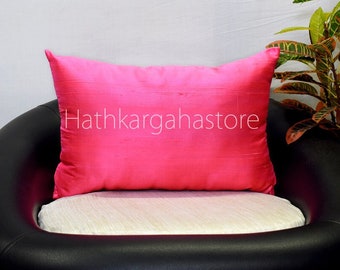 Neon Pink Silk Lumbar Pillow Cover: Handmade Dupioni Throw Pillow 12x26