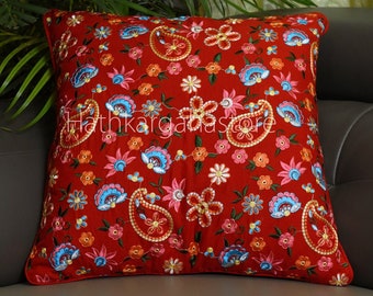 Red Embroidered Cushion Cover: Cambric Cotton Throw Pillow, Handmade Home Decor