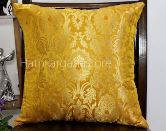 Yellow Brocade Silk Pillow Cover Handmade Lumbar Pillowcases Sham Decorative Cushion Home Decor House Warming Bridal Shower Wedding Gift