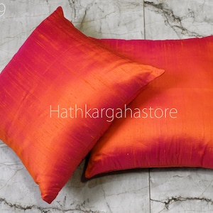 Iridescent Orange Hot Pink Dupioni Silk Square Cushion Cover | Handmade Pillowcases | 100% Pure Silk Throw Pillow | Home decor Wedding Gift