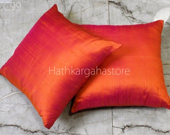 Iridescent Orange Hot Pink Silk Cushion Cover: Handmade Throw Pillow