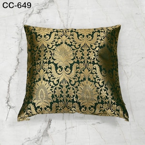 Green & Gold Brocade Cushion Cover – Luxury Silk Throw Pillow Case – Decorative Indian Brocade Sofa Pillow for Festive / Wedding Home Décor