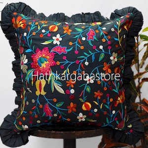 Grey Embroidered Frill Throw Pillow Cushion Cover Handmade Embroidery Decorative Home Decor Pillowcase House Warming Bridal Shower Wedding