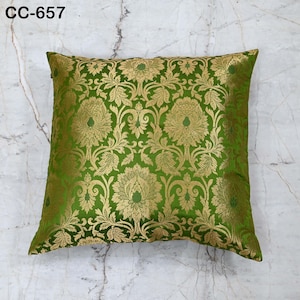 Green & Gold Brocade Cushion Cover – Luxury Silk Throw Pillow Case – Decorative Indian Brocade Sofa Pillow for Festive / Wedding Home Décor