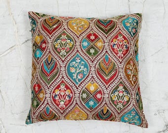 Embroidered Throw Pillow Cover: Floral Maroon Georgette, Boho Home Decor