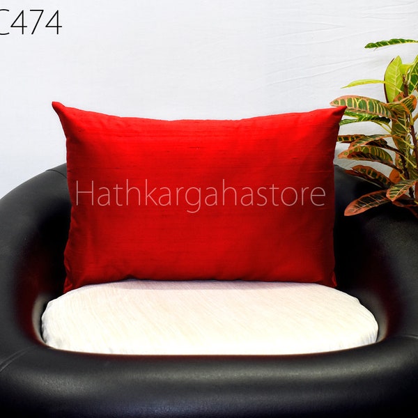 Red Dupioni Pure Silk Cushion Cover Rectangle Handmade Lumbar Throw Pillow 12x26 Home Decor Silk Pillowcase House Warming Bridal Shower Gift