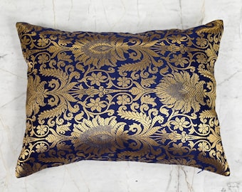 Blue Gold Brocade Pillow Cover: Indian Floral Silk Accent Pillow