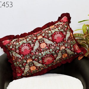 Embroidered Frilled Cushion Cover: Ivory Viscose Decorative Pillow, 12x26 Lumbar