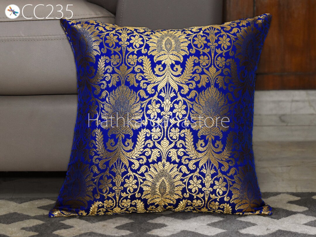 Blue Silk Pillow Cover Brocade Pillowcase Handmade Lumbar Sham Etsy Australia