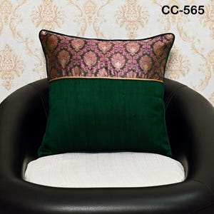 Gold Cushion Cover Square, Pure Silk Luxury Cushion Pillowcase Brocade Bottle Green For Sofa Bed or Throw Pillow Designer Indian Handmade