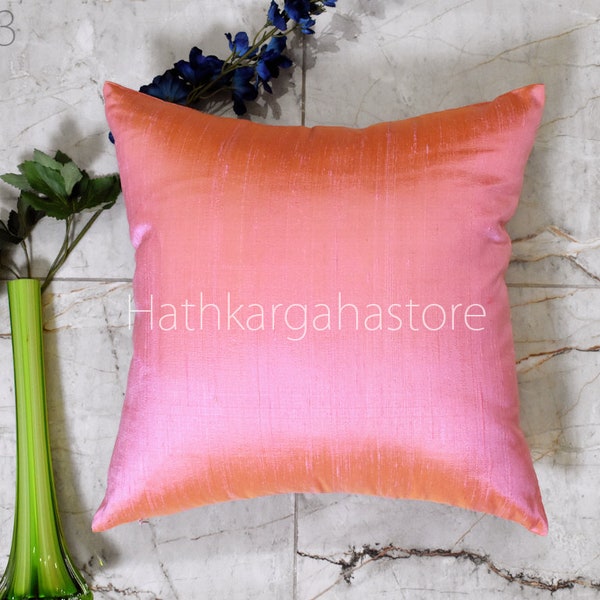 Peach and Gold Dupioni Silk Square Pillowcase | Cushion Cover Handmade | Pure Silk Throw Pillow | DIY Home decor | Gift Wedding HouseWarming
