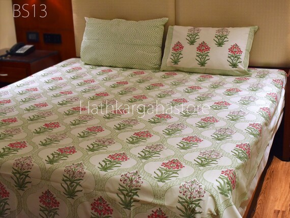 Indian Cotton Bed Sheet Set Hand Block Print Floral Bedcover King Queen  Size Flat Sheet with Pillowcase Set Sofa Cover Home Living Decor Tapestry