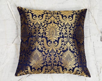 Blue & Gold Brocade Pillow Cover: Indian Silk Floral Cushion