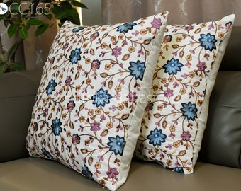 Embroidered Cotton Lumbar Pillow Cover: Brown, Blue, Mauve Floral Cushion
