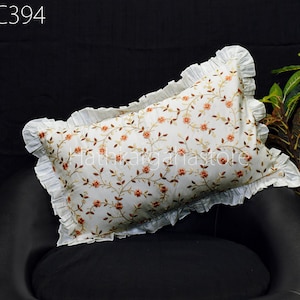 White Cushion Cover with Frills | Floral Embroidered Cotton Throw Pillow, Handmade Home Decor Custom Size Pillowcase, HouseWarming, Gift Her