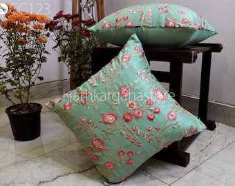 Green Embroidered Floral Cushion Cover: Handmade Throw Pillow